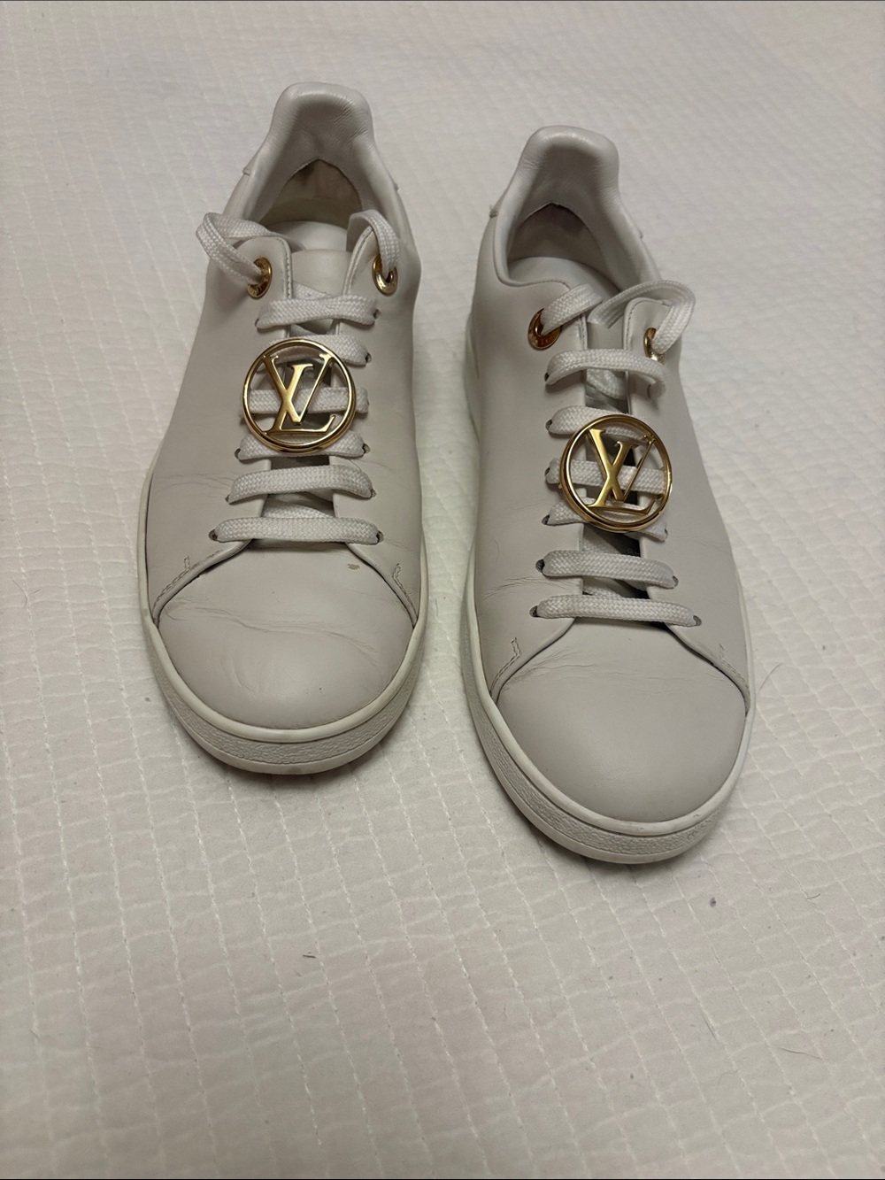 Louis Vuitton White Leather Sneakers with Gold LV Emblems